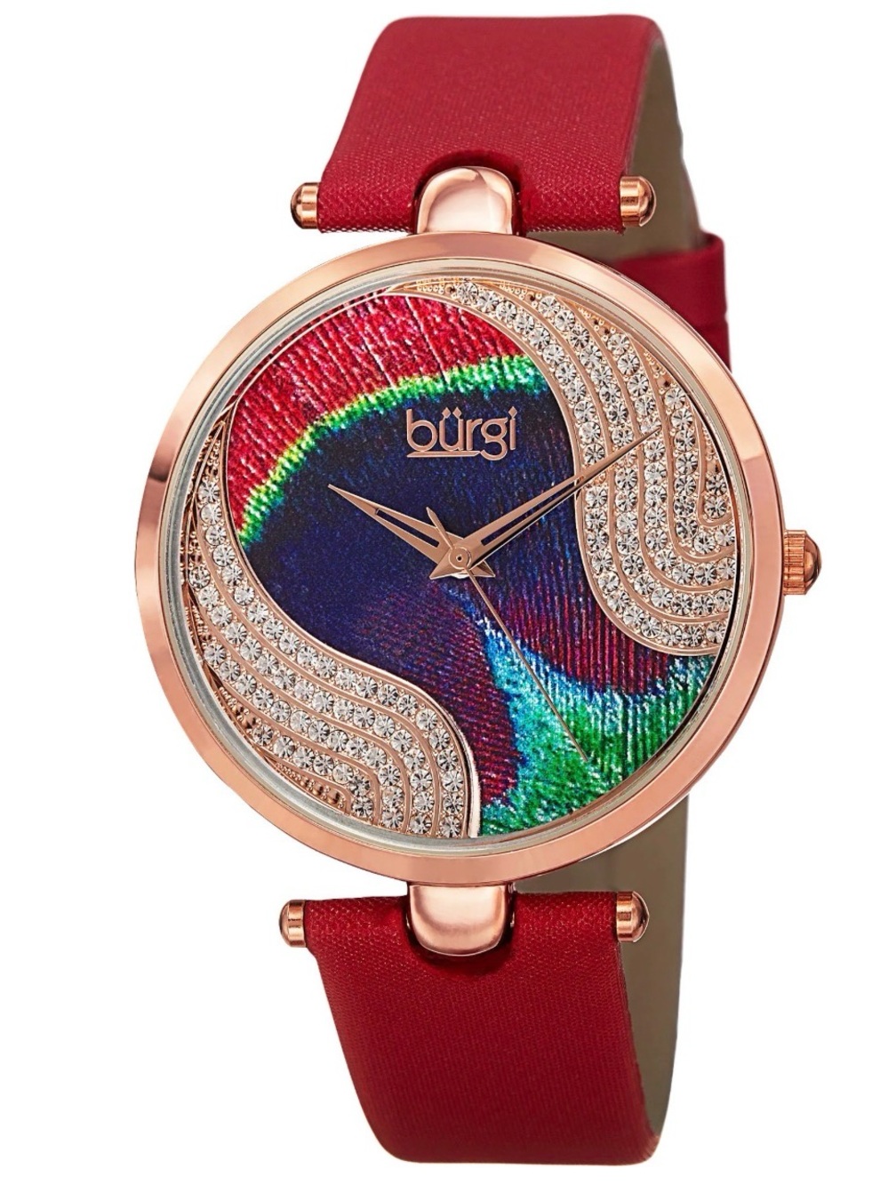 Rose Gold Case Women's Watch with Red Strap and Peacock-Pattern Dial